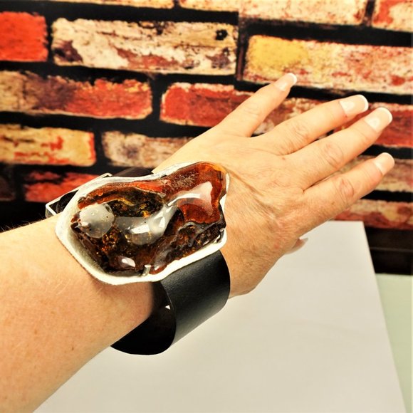 SUPER HUGE AMBER STERLING LEATHER RARE UNISEX BRACELET 9 BY AMBERMODA - Picture 10 of 16